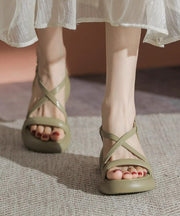 French Green Chunky Heel Faux Leather Hollow Out Sandals