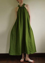 French Green Cold Shoulder Cotton Long Dress Summer