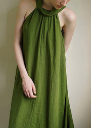 French Green Cold Shoulder Cotton Long Dress Summer