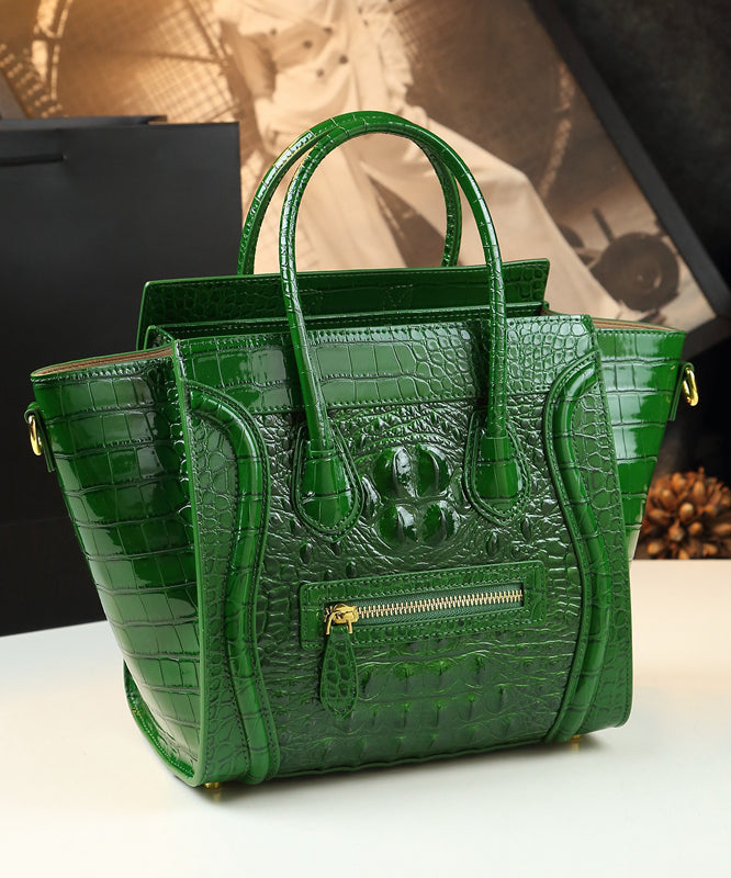 French Green Embossed Zippered Calf Leather Tote Handbag