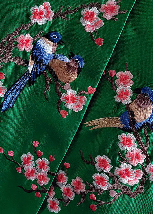 French Green Embroideried Bird Patchwork Silk Coat Spring