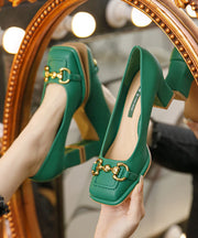 French Green Faux Leather Sequined Splicing Chunky High Heels