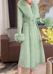 French Green Fox Collar Pockets Patchwork Tie Waist Maxi Woolen Coat Spring