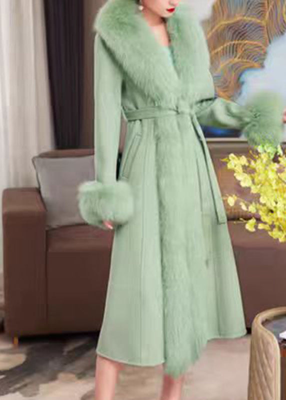 French Green Fox Collar Pockets Patchwork Tie Waist Maxi Woolen Coat Spring