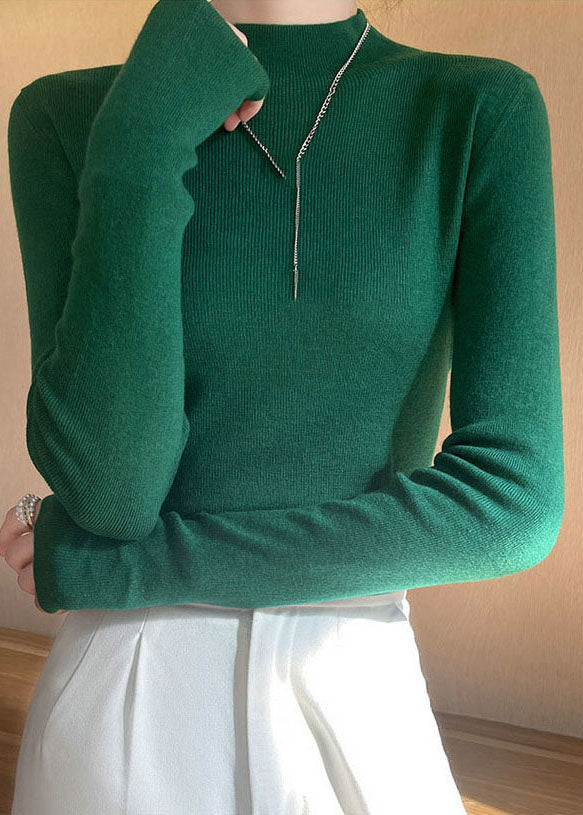 French Green High Neck Slim Fit Wool Knit Sweaters Spring