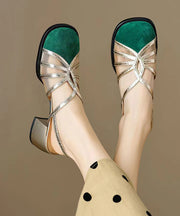 French Green Hollow Out Tulle Splicing Chunky Heel Sandals
