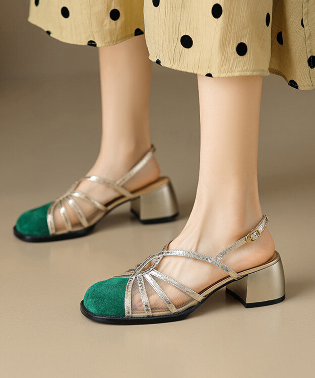 French Green Hollow Out Tulle Splicing Chunky Heel Sandals