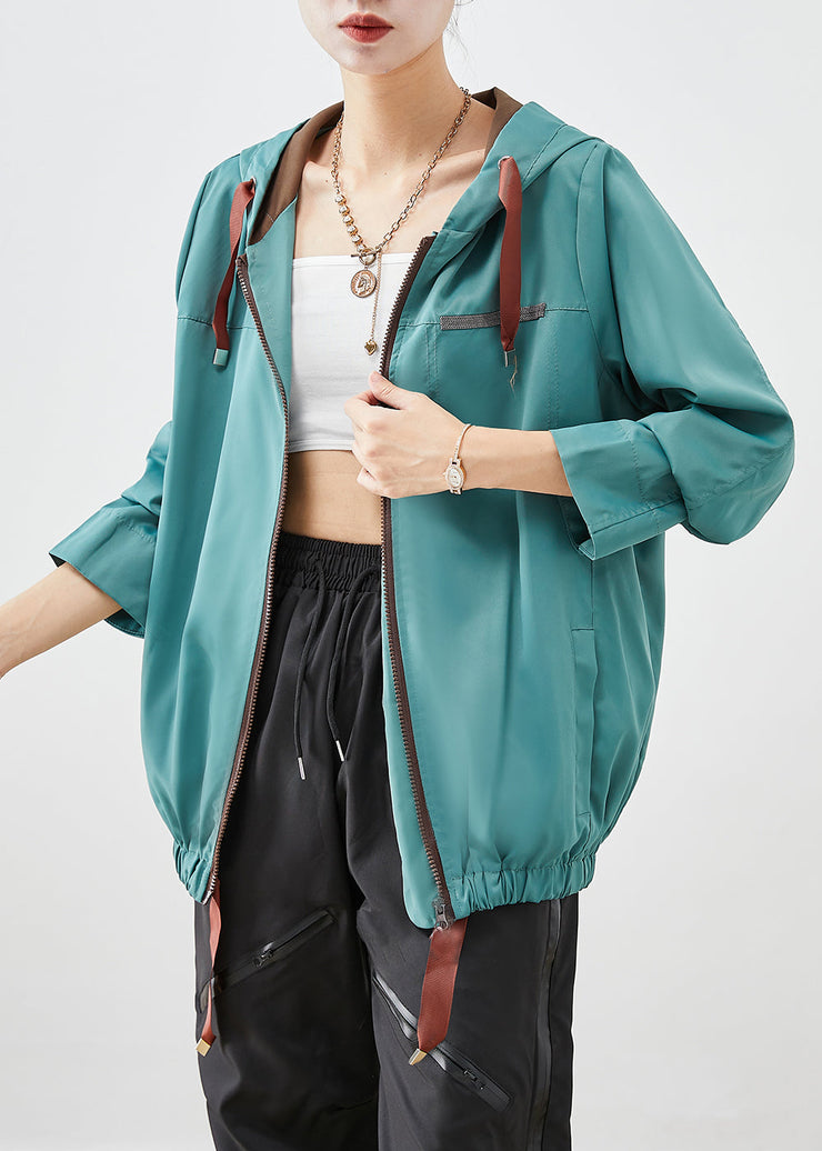 French Green Hooded Drawstring Cotton Jackets Fall