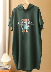 French Green Hooded Drawstring Print Cotton Pullover Sweatshirt Dress Short Sleeve