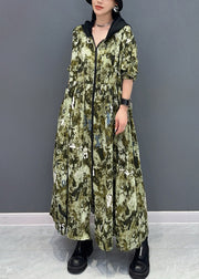 French Green Hooded Print Pockets Cotton Long Dress Summer