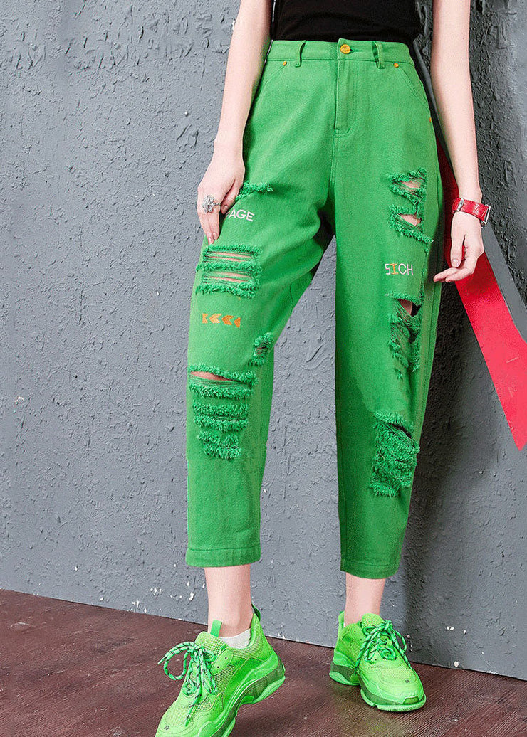 French Green Letter Embroideried Pockets Cotton Harem Pants Summer