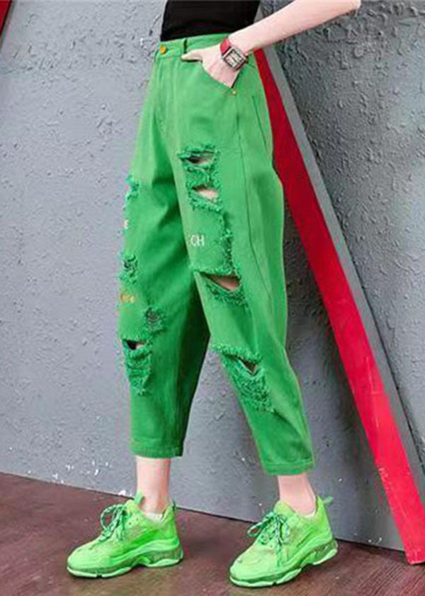 French Green Letter Embroideried Pockets Cotton Harem Pants Summer