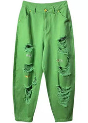 French Green Letter Embroideried Pockets Cotton Harem Pants Summer