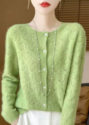 French Green O Neck Button Hollow Out Wool Cardigan Spring