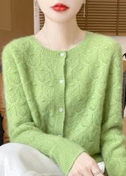 French Green O Neck Button Hollow Out Wool Cardigan Spring