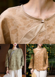 French Green O Neck Button Print Linen Shirt Spring