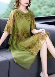 French Green O-Neck Embroideried Tulle Patchwork Silk Dress Summer