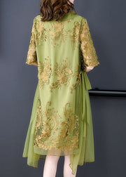 French Green O-Neck Embroideried Tulle Patchwork Silk Dress Summer