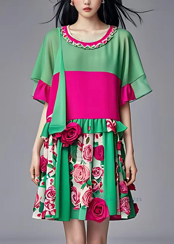 French Green O-Neck Floral Ruffled Patchwork Chiffon Mid Dress Summer