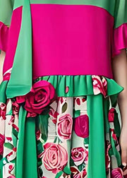 French Green O-Neck Floral Ruffled Patchwork Chiffon Mid Dress Summer