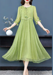 French Green O-Neck Lace Up Extra Large Hem Silk Long Dress Half Sleeve