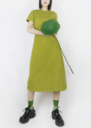 French Green O-Neck Oversized Solid Color Cotton Maxi Dress Half Sleeve