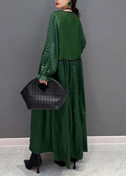 French Green O-Neck Patchwork Knit Maxi Dresses Winter