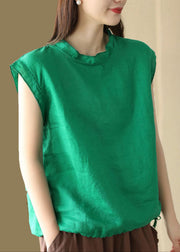 French Green O Neck Patchwork Linen T Shirt Tops Summer