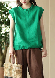 French Green O Neck Patchwork Linen T Shirt Tops Summer