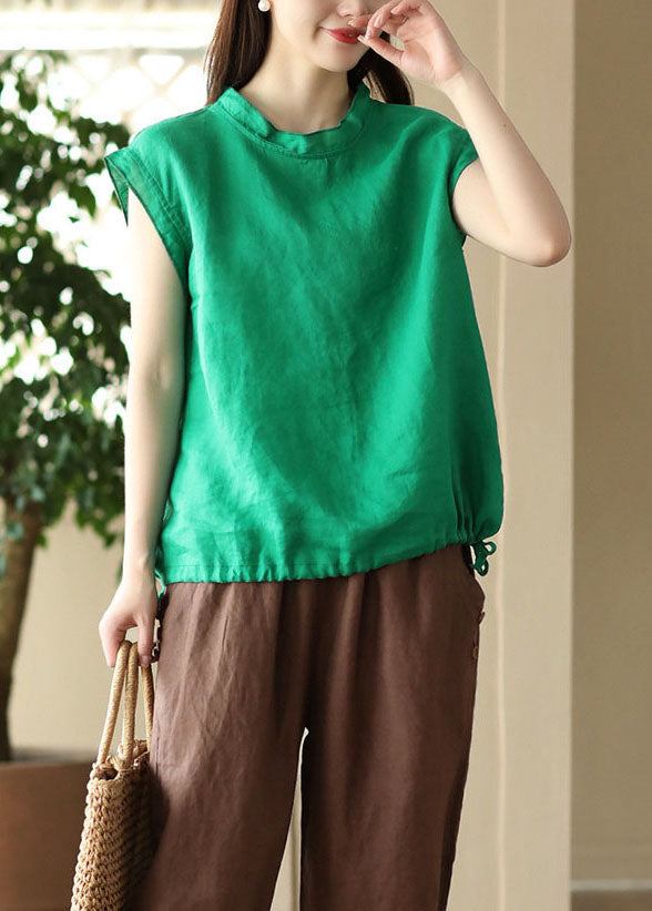 French Green O Neck Patchwork Linen T Shirt Tops Summer