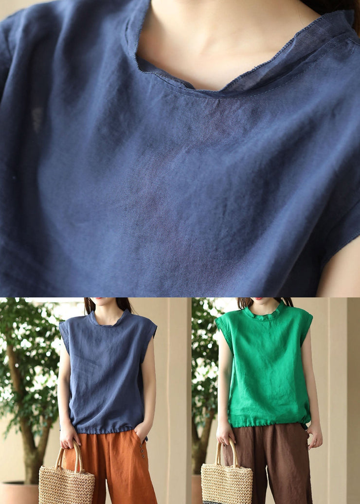 French Green O Neck Patchwork Linen T Shirt Tops Summer