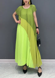 French Green O Neck Print Patchwork Chiffon Dresses Summer