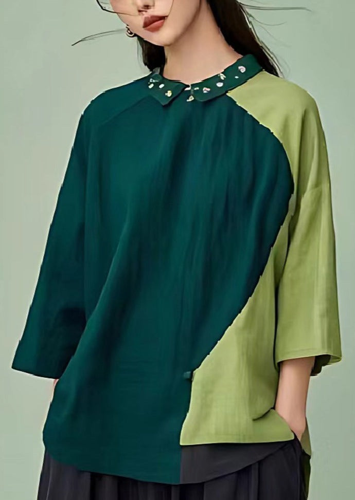 French Green Oversized Patchwork Linen Blouses Summer