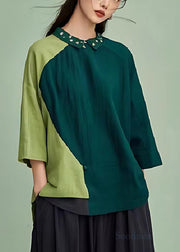 French Green Oversized Patchwork Linen Blouses Summer