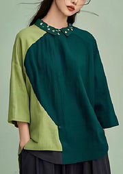 French Green Oversized Patchwork Linen Blouses Summer