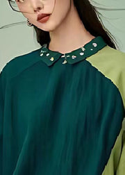 French Green Oversized Patchwork Linen Blouses Summer