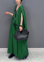 French Green Oversized Patchwork Silk Ankle Dress Batwing Sleeve