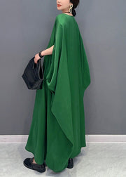 French Green Oversized Patchwork Silk Ankle Dress Batwing Sleeve