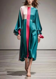 French Green Oversized Patchwork Silk Dresses Lantern Sleeve