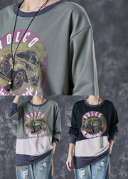 French Green Oversized Patchwork Warm Fleece Pullover Tops Winter