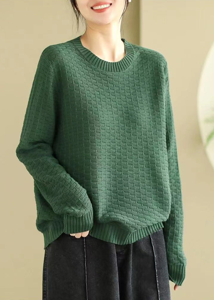 French Green Oversized Plaid Knitted Tops Spring