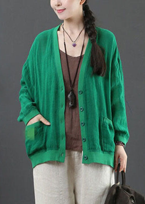 French Green Oversized Pockets Linen Jacket Spring