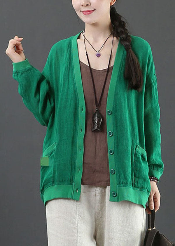 French Green Oversized Pockets Linen Jacket Spring