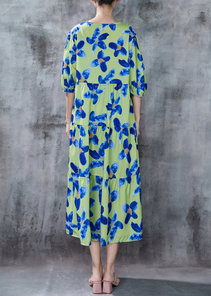 French Green Oversized Print Cotton Long Dress Summer