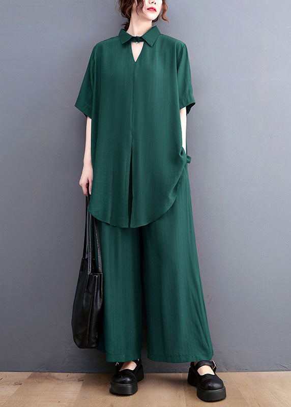 French Green Oversized Side Open Draping Silk Two Piece Set Women Clothing Summer