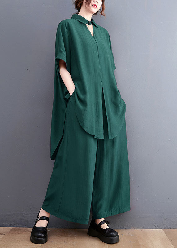 French Green Oversized Side Open Draping Silk Two Piece Set Women Clothing Summer