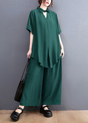 French Green Oversized Side Open Draping Silk Two Piece Set Women Clothing Summer