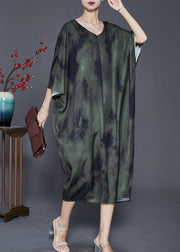 French Green Oversized Tie Dye Silk Dress Batwing Sleeve