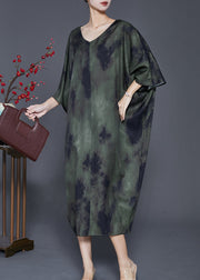 French Green Oversized Tie Dye Silk Dress Batwing Sleeve