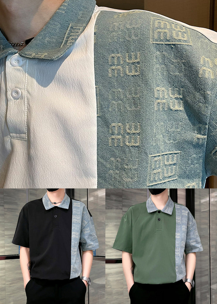 French Green Peter Pan Collar Button Cotton Men Polo Shirt Summer